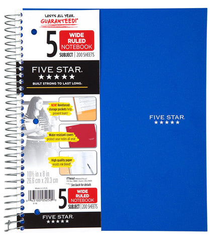 FIVE STAR - Spiral Notebook Wide Ruled 5 Subjects 200 Sheets