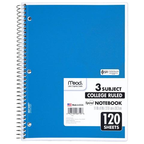 MEAD - College Ruled 3 Subject Spiral Notebook 8-1/2" x 11" White