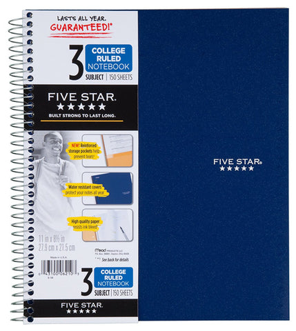 FIVE STAR - Spiral 3 Subject College Ruled Notebook 150 Sheets