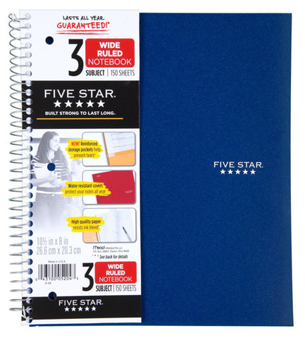 FIVE STAR - Spiral 3 Subject Wide Ruled Notebook 150 Sheets