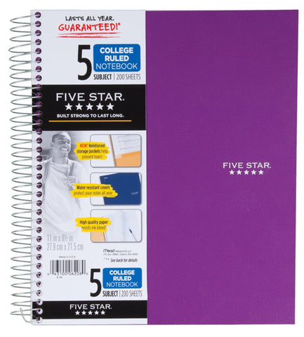 FIVE STAR - Spiral 5 Subject College Ruled Notebook 200 Sheets