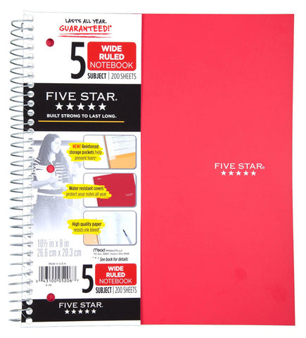 FIVE STAR - Spiral 5 Subject Wide Ruled Wirebound Notebook 200 Sheets