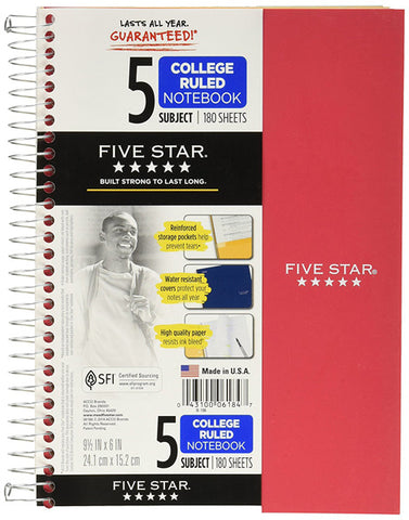 FIVE STAR - Spiral 5 Subject College Ruled Notebook 180 Sheets